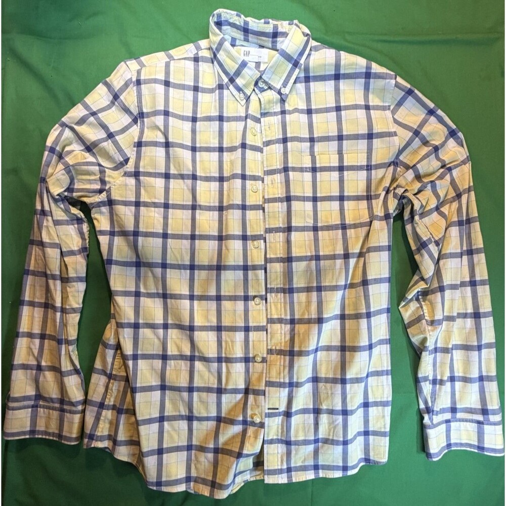 Gap Men's Plaid Button-Up Shirt Size L–Yellow & Blue – Slim Fit Stretch